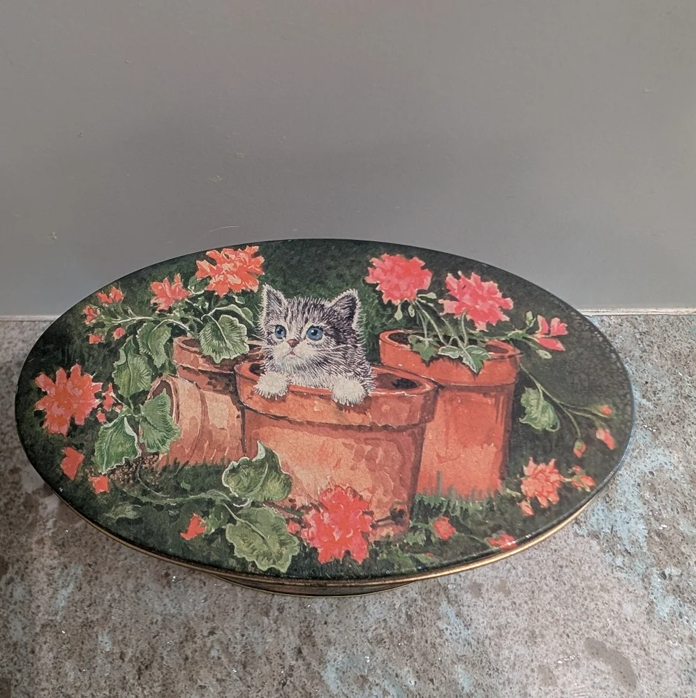 Vintage Oval Tin with Kittens Flowers and Pots